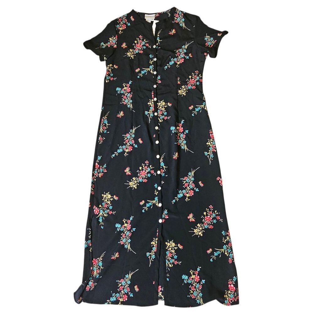 VTG NEW Coldwater Creek Floral Maxi Dress Womens 14 Black Casual 90's USA Button